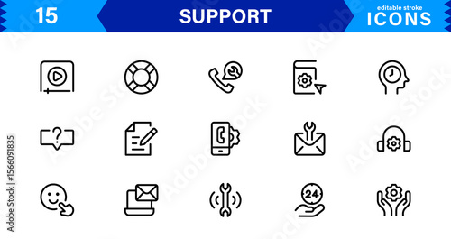 Customer Support Icon Set in Clean Vector Line Style for Helpdesk, Technical Assistance, Service Tools, and Communication