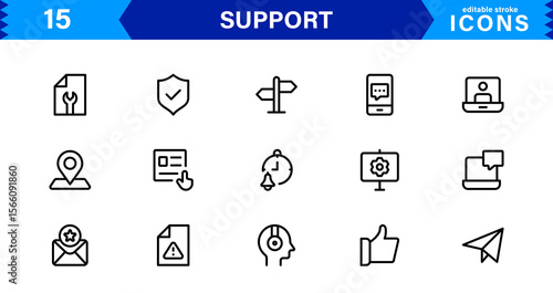Customer Support Icon Set in Clean Vector Line Style for Helpdesk, Technical Assistance, Service Tools, and Communication