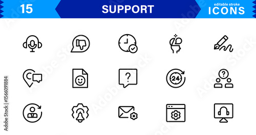 Customer Support Icon Set in Clean Vector Line Style for Helpdesk, Technical Assistance, Service Tools, and Communication