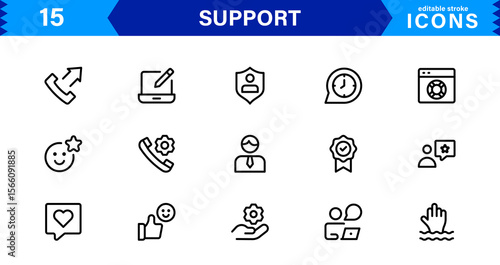 Customer Support Icon Set in Clean Vector Line Style for Helpdesk, Technical Assistance, Service Tools, and Communication