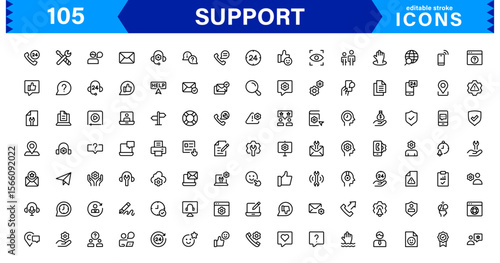 Customer Support Icon Set in Clean Vector Line Style for Helpdesk, Technical Assistance, Service Tools, and Communication