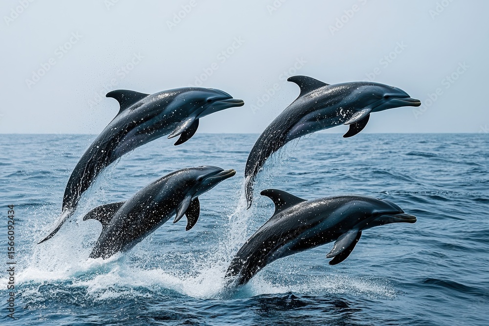 Obraz premium Dolphins leaping gracefully in the clear waters of Trincomalee, Sri Lanka's stunning coastline, Trincomalee Sri Lanka travel destination in Asia Dolphins swim and jump