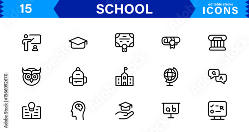 School Icon Set Representing Education, Classroom, Teacher, Student, and Learning in a Simple, Professional, and Marketable Vector Style