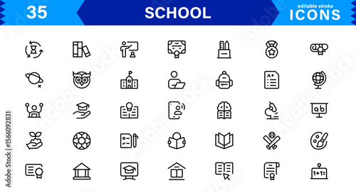 School Icon Set Representing Education, Classroom, Teacher, Student, and Learning in a Simple, Professional, and Marketable Vector Style