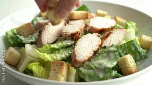 Grilled chicken Caesar salad in a white bowl