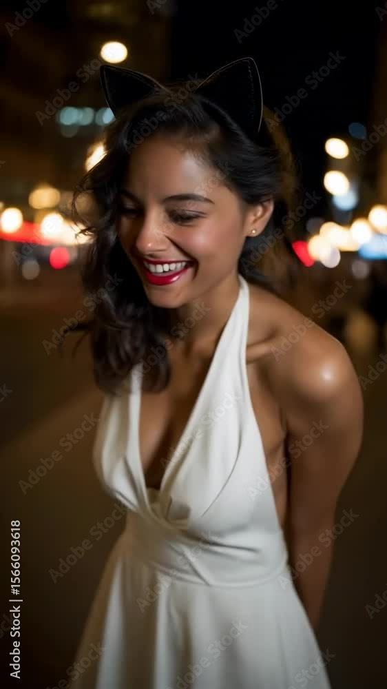 Lively woman laughing joyfully in elegant dress at night city street with vibrant city lights Lively woman laughing joyfully in elegant dress at night city street with vibrant city lights