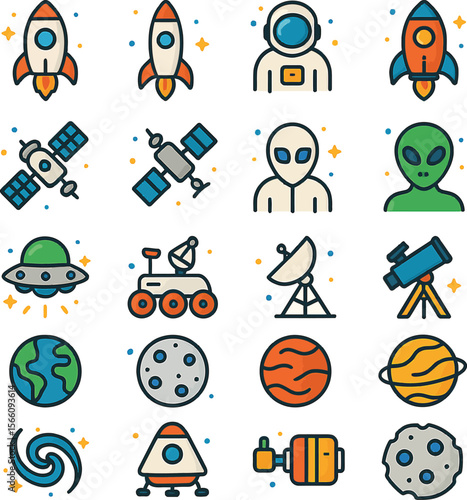 Funny cartoon space icons and monster character collection set