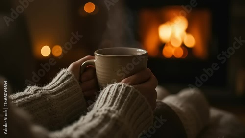Hands holding a mug of hot drink near a fireplace