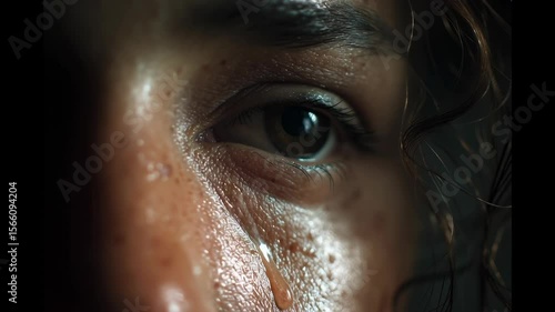 Intimate Close-Up of a Tearful Hazel Eye with Glistening Skin and Dramatic Lighting