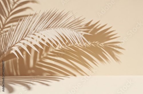 A minimalist image of dried palm leaves casting shadows on a beige wall, creating a warm and natural ambiance.