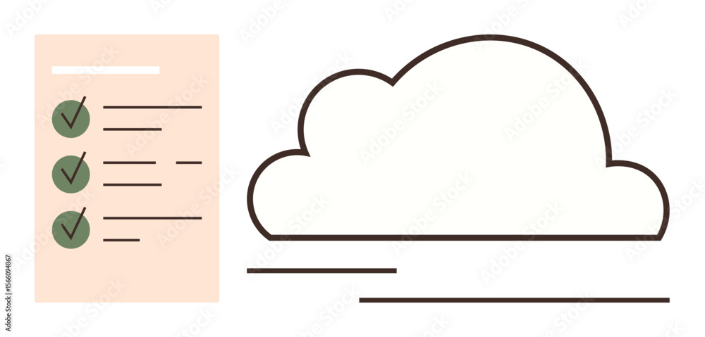 Checklist with green checkmarks and cloud outline representing organization, storage, data management, and connectivity. Ideal for cloud tech, productivity, planning, remote work, online storage Checklist with green checkmarks and cloud outline representing organization, storage, data management, and connectivity. Ideal for cloud tech, productivity, planning, remote work, online storage