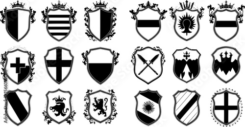various shield designs, vector, black and white