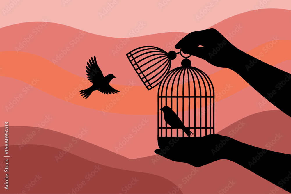 Fototapeta premium Bird cage open hands release a bird another flies free. Symbolizing freedom, liberation, letting go, new beginnings, nature, environmental concepts. Suitable for illustrations, designs, ecofriendly co