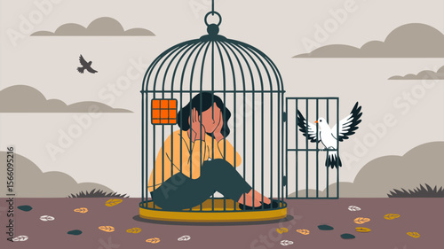 Bird cage open with a sad woman outside, symbolizing inner struggles. Suitable for mental health awareness and freedom concept designs.