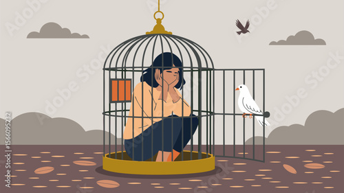 Bird cage open with a sad woman outside, symbolizing inner struggles. Suitable for mental health awareness and freedom concept designs.