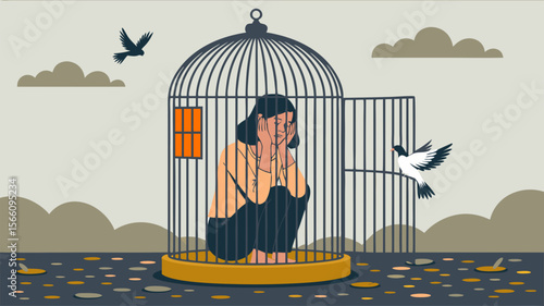 Bird cage open with a sad woman outside, symbolizing inner struggles. Suitable for mental health awareness and freedom concept designs.
