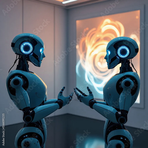 Two humanoid AI robots engaging in a philosophical discussion in a minimalist futuristic room, with abstract glowing digital art on the walls.