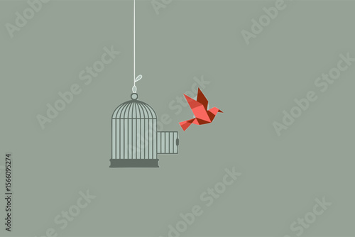 Bird cage with a gray door ajar, red origami bird escaping. Suitable for concepts of freedom, escape, liberty, and creativity.