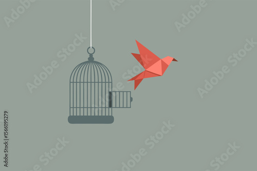 Bird cage with a gray door ajar, red origami bird escaping. Suitable for concepts of freedom, escape, liberty, and creativity.