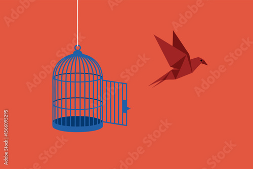 Bird cage open with red origami bird flying free from blue cage. Suitable for freedom, escape, creativity concepts in designs.