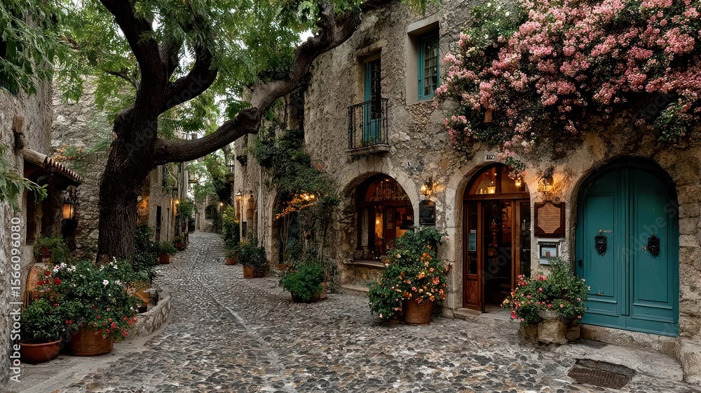 Fototapeta premium Quaint European alleyway with old stone buildings and blossoming flowers