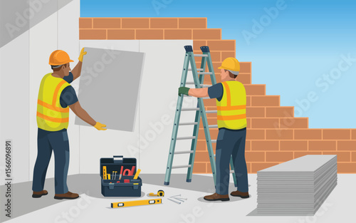 Construction Workers Installing Drywall on Brick Wall A Detailed Vector Illustration