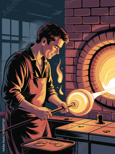 A Stylized Illustration of a Glassblower at Work in Their Workshop