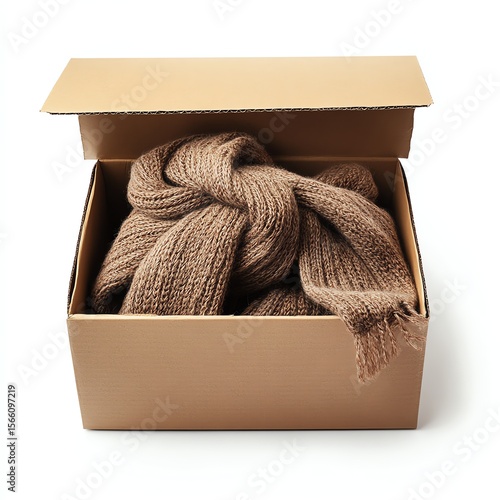 Cozy knitted scarf neatly packed in a brown cardboard box.