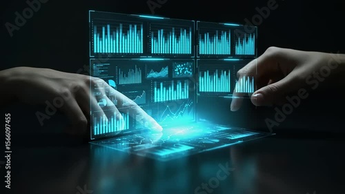 Hands interacting with a holographic data display