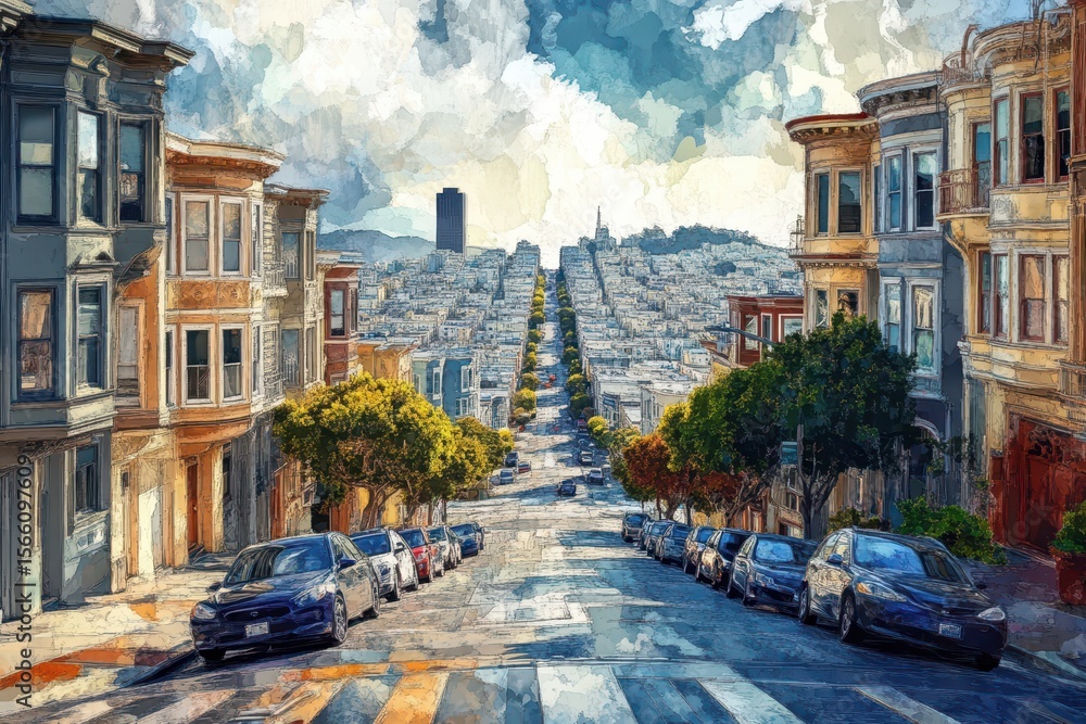 Fototapeta premium Vibrant street view of San Francisco showcasing steep hills and classic architecture, Street in San Francisco