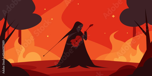 A Cloaked Figure Playing Violin Alone In A Burning Land