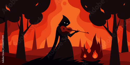 A Cloaked Figure Playing Violin Alone In A Burning Land