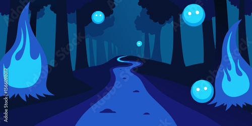 A Forest Path Lit By Ghostly Blue Will O The Wisps