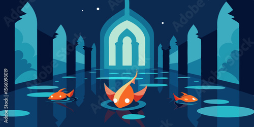 A Flooded Cathedral With Glowing Koi Swimming In The Light