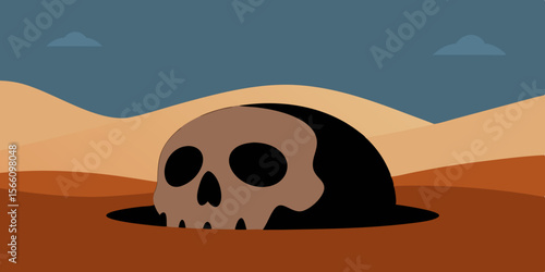 A Giant Skull Half Buried In The Sands Of A Dark Desert