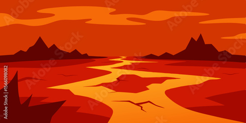 Hellish Landscape With Cracked Earth And Rivers Of Fire