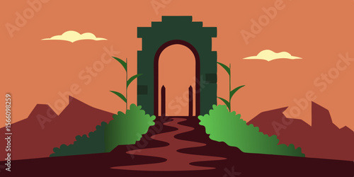 Towering Gate To A Forgotten City Half Buried In Sand