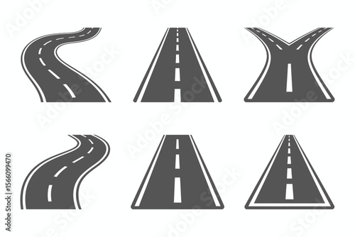 Curved road and highway icon set, street navigation, traffic sign, travel route, vector collection