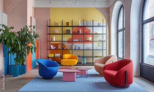 colorful modern interior, modular shelving, bold chairs, Hay furniture 2025 collection