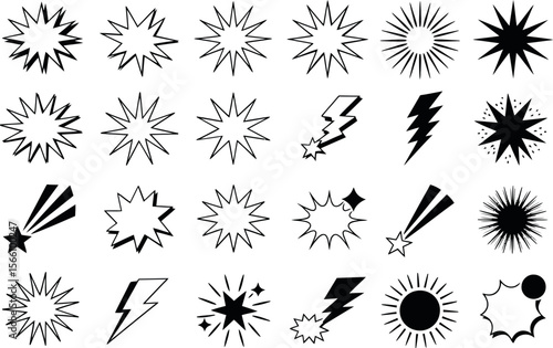 Sunburst and lightning bolt icon set, comic energy symbol, dynamic star effect, vector graphic elements