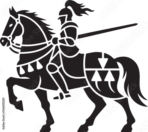 Black vector silhouette of a knight on horseback, isolated for equestrian sport illustration