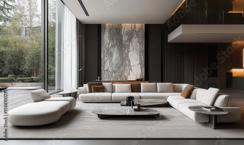 luxurious modern living room, sculptural sofas, marble tables, B&B Italia furniture 2025 