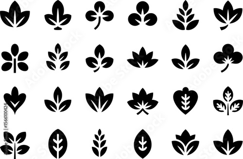Nature leaf and heart icon set, botanical silhouette, green foliage element, vector design pack