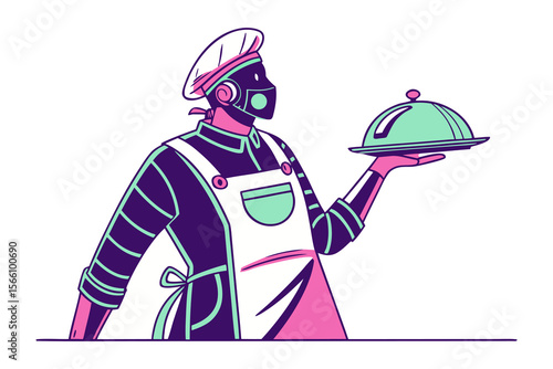 Futuristic robot chef with a protective mask and chef hat presents a covered dish with a modern aesthetic