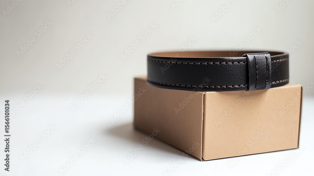 Elegant black leather belt on a cardboard box, white isolated background. Elegant black leather belt on a cardboard box, white isolated background.
