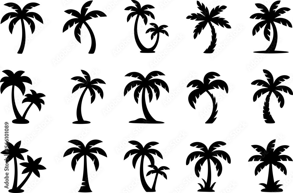 Fototapeta premium Palm tree silhouette set, tropical plant, summer beach icon, exotic vacation, vector graphic collection
