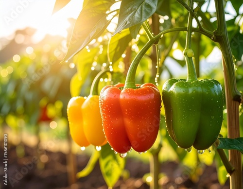 bell pepper with dew hanging on tree in garden
