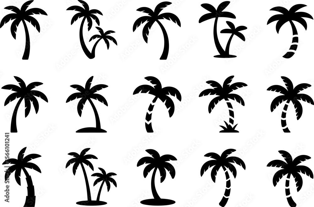 Fototapeta premium Palm tree and sun icon set, tropical beach, summer holiday, exotic plant, vector graphic collection