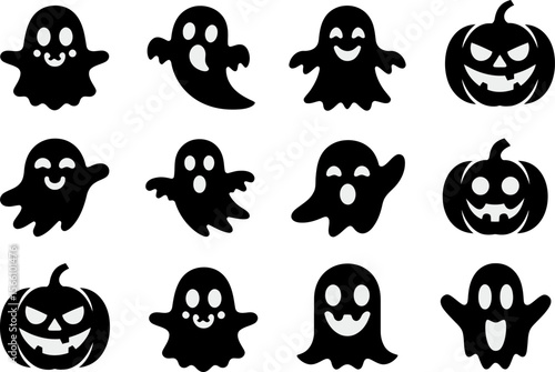 Ghost and jack o lantern icon set, halloween party, spooky night, scary face, vector illustration pack