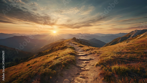 Fototapeta Naklejka Na Ścianę i Meble -  A scenic mountain landscape during golden sunset or sunrise. A winding hiking trail leads into the distance, surrounded by peaceful nature and glowing warm tones. Include a wide-angle view with soft 